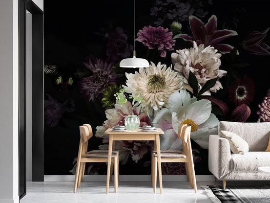 Lily Flower wallpaper mural with dark moody bouquet of cream and purple blooms behind a wooden dining table