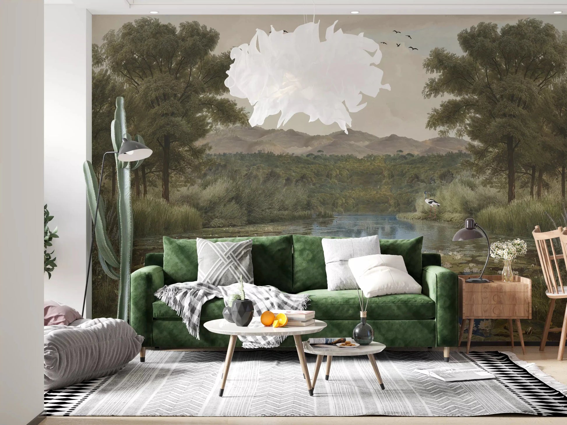 Living room using this scenic Lily Pond Serenity wall mural.