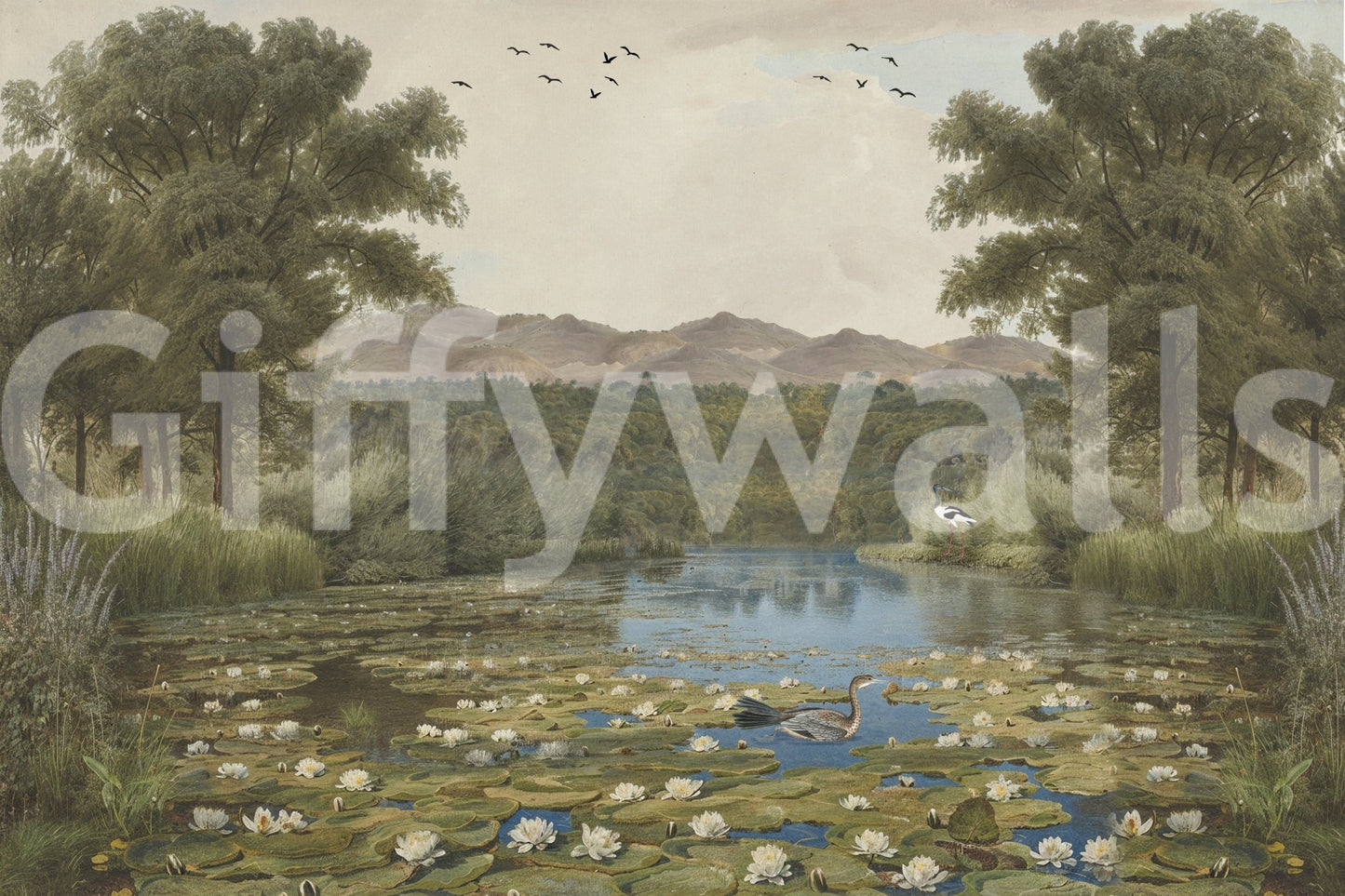 Lily Pond Serenity wall mural highlights green reeds growing near the pond edge.