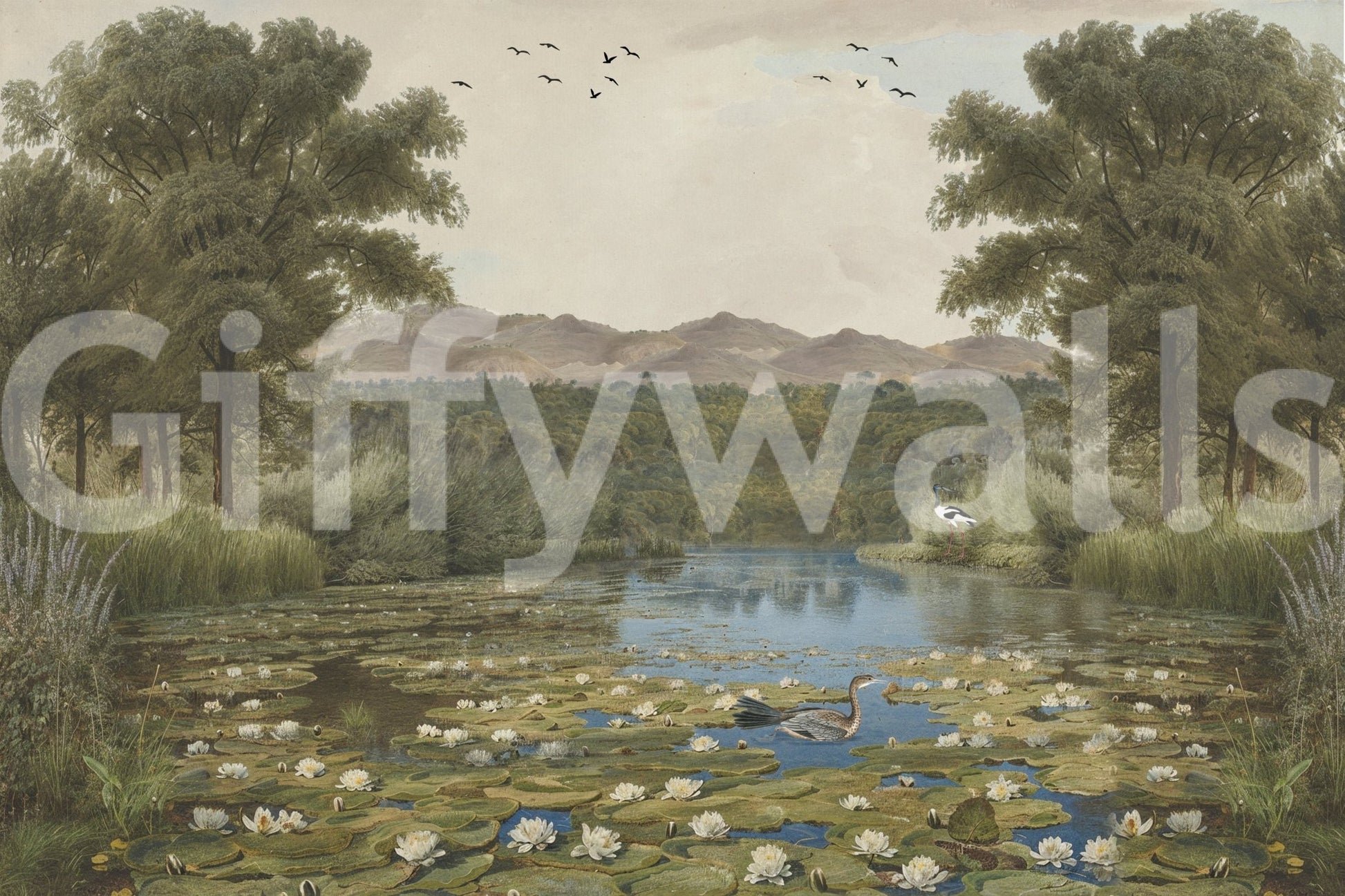 Lily Pond Serenity wall mural highlights green reeds growing near the pond edge.
