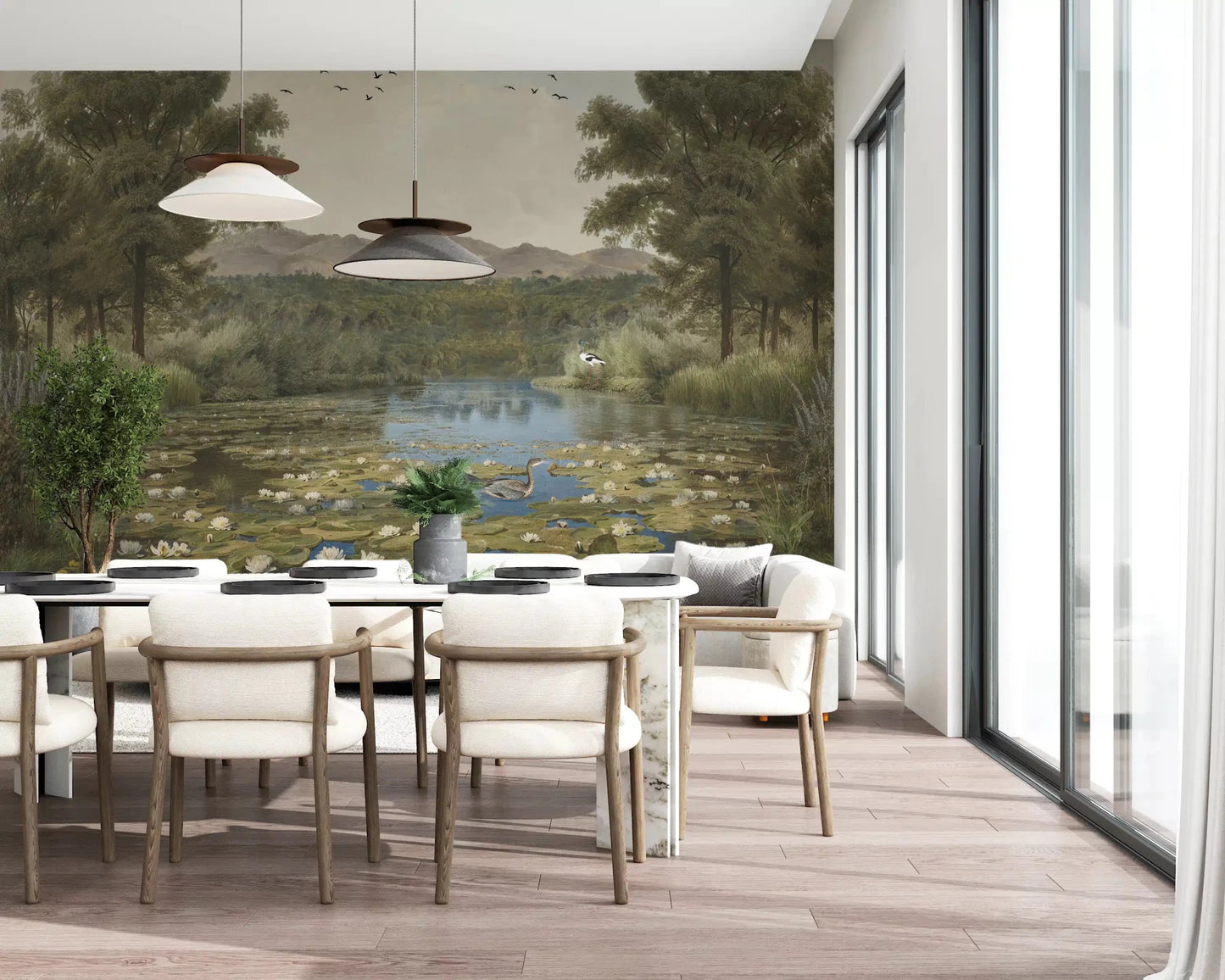 The Lily Pond Serenity wall mural establishes a calming center inside Dining space.