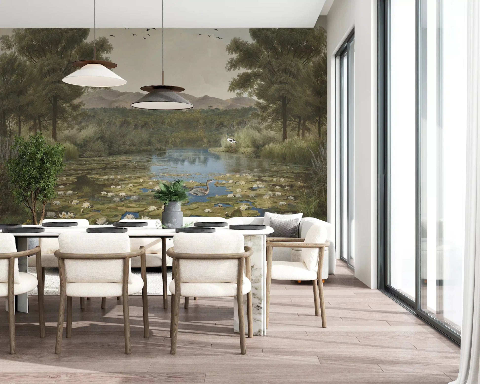 The Lily Pond Serenity wall mural establishes a calming center inside Dining space.