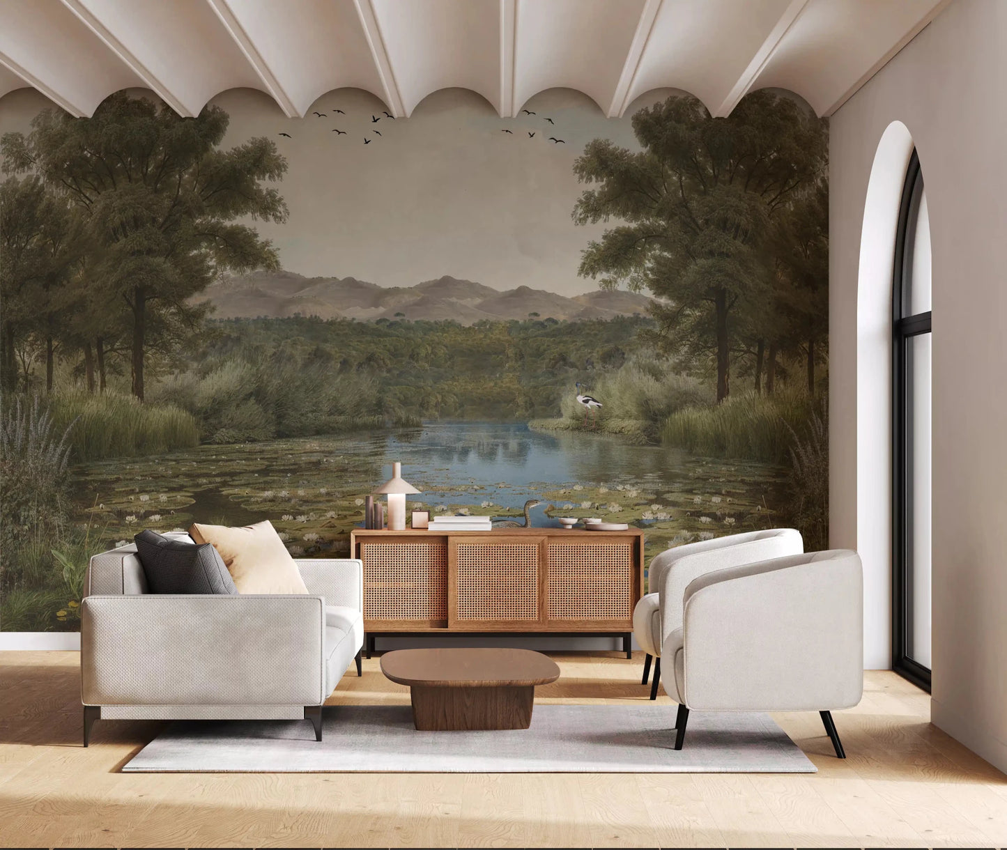 Hallway feature a relaxing atmosphere with the Lily Pond Serenity wall mural.