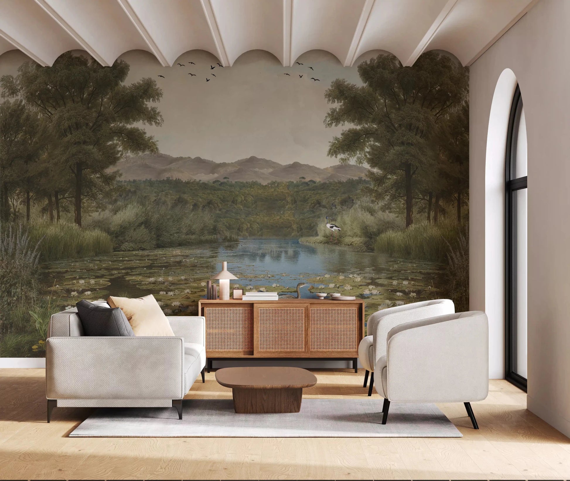 Hallway feature a relaxing atmosphere with the Lily Pond Serenity wall mural.