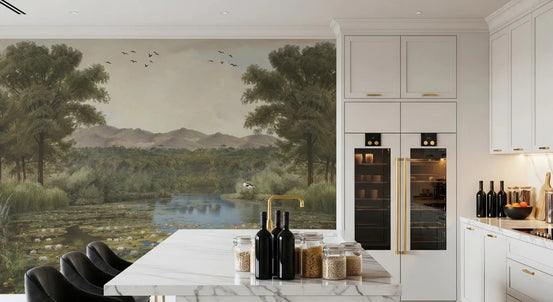Lily Pond Serenity wall mural brings natural tranquility to spacious Dining rooms.