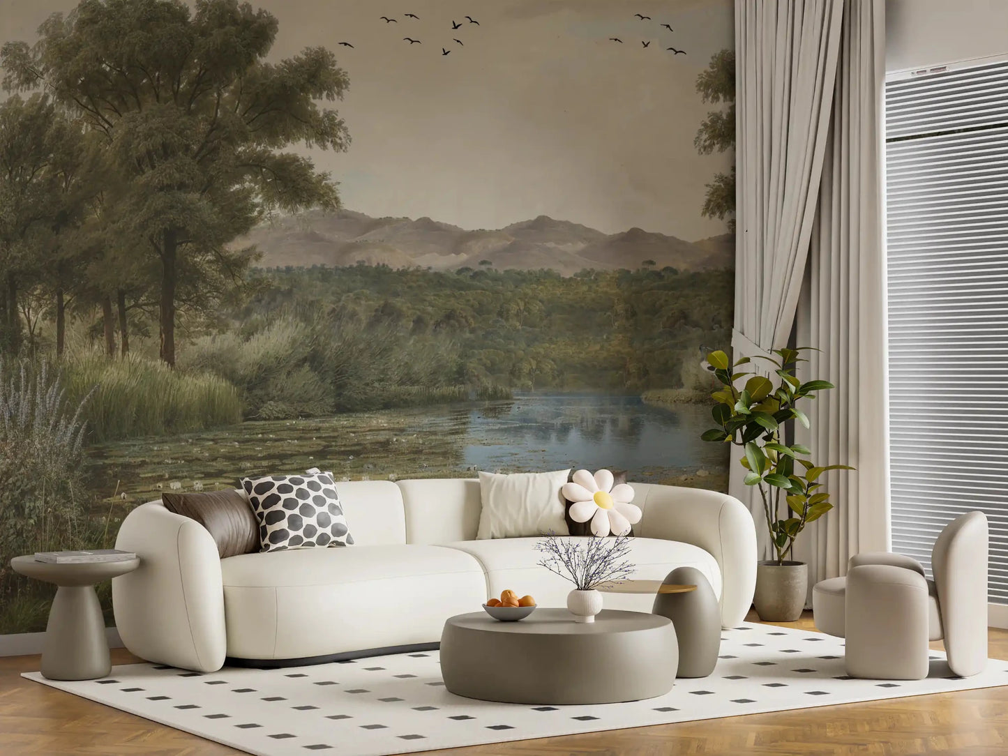 Entryway interiors showcasing the Lily Pond Serenity wall mural.