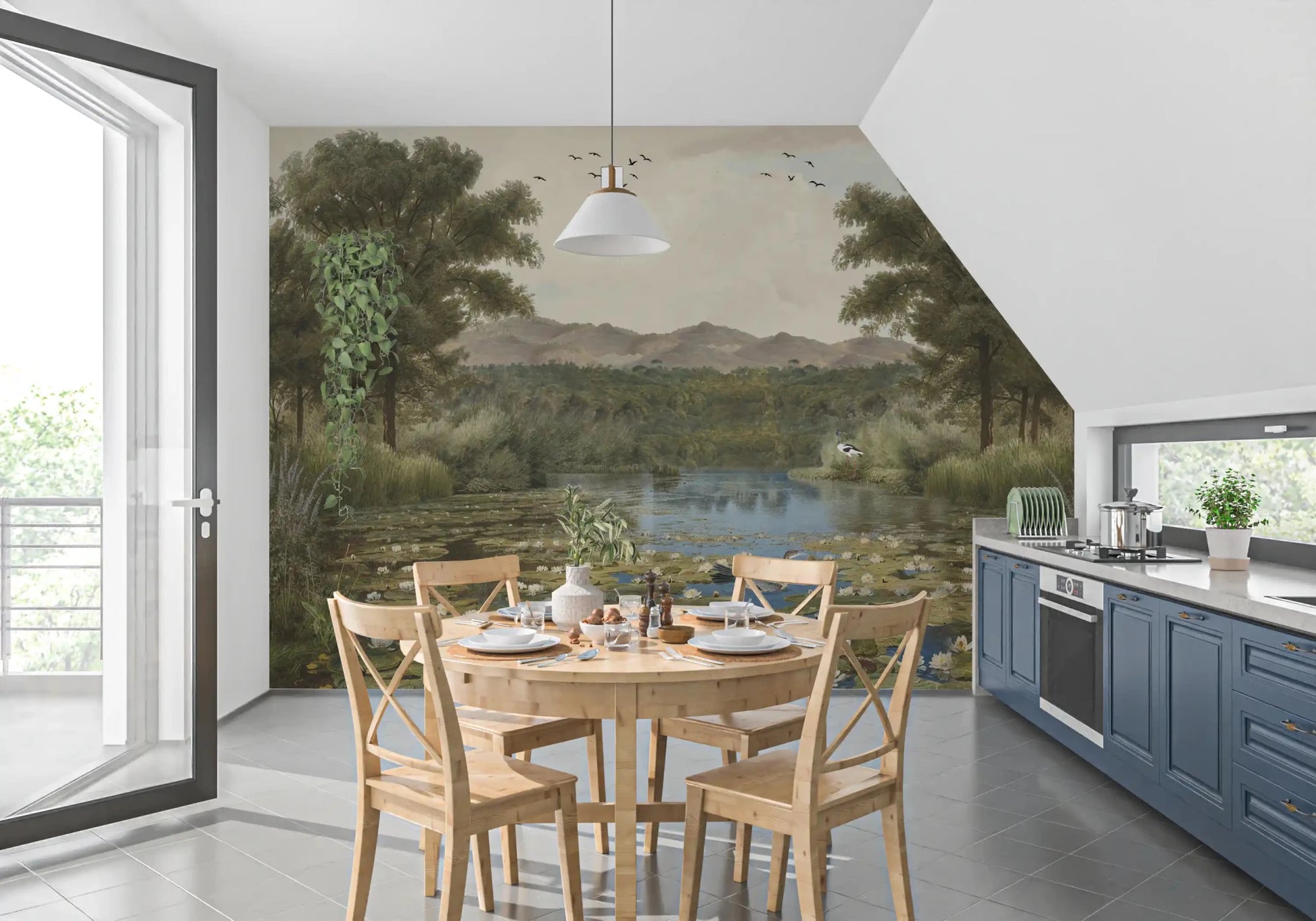 Modern dining areas gain sophistication alongside the Lily Pond Serenity wall mural.