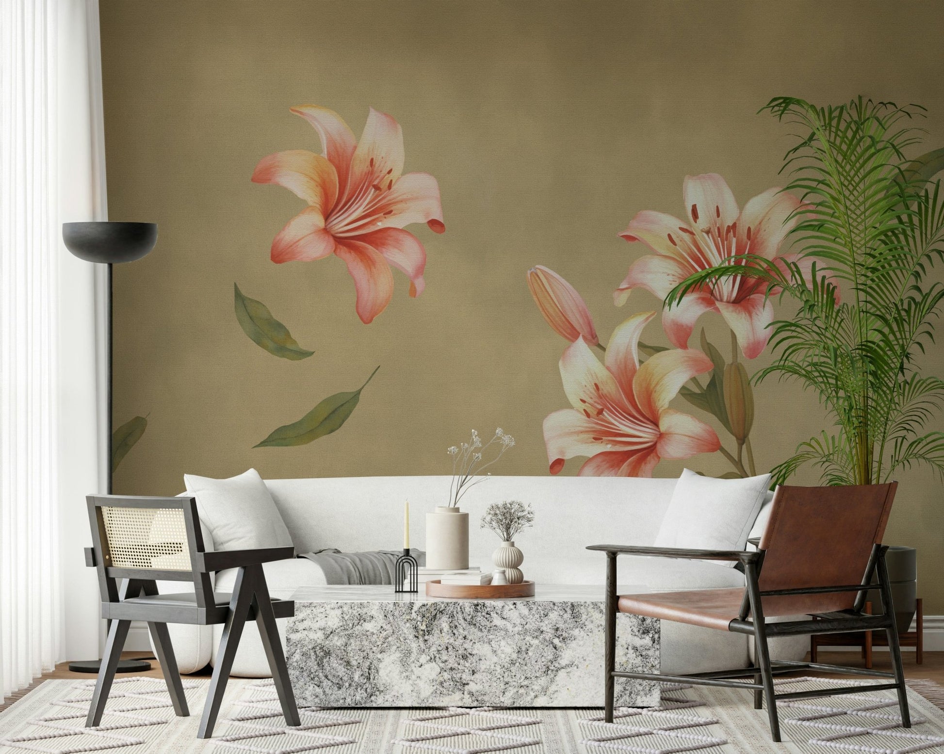 Lily feature wall in dining room, muted modern color palette