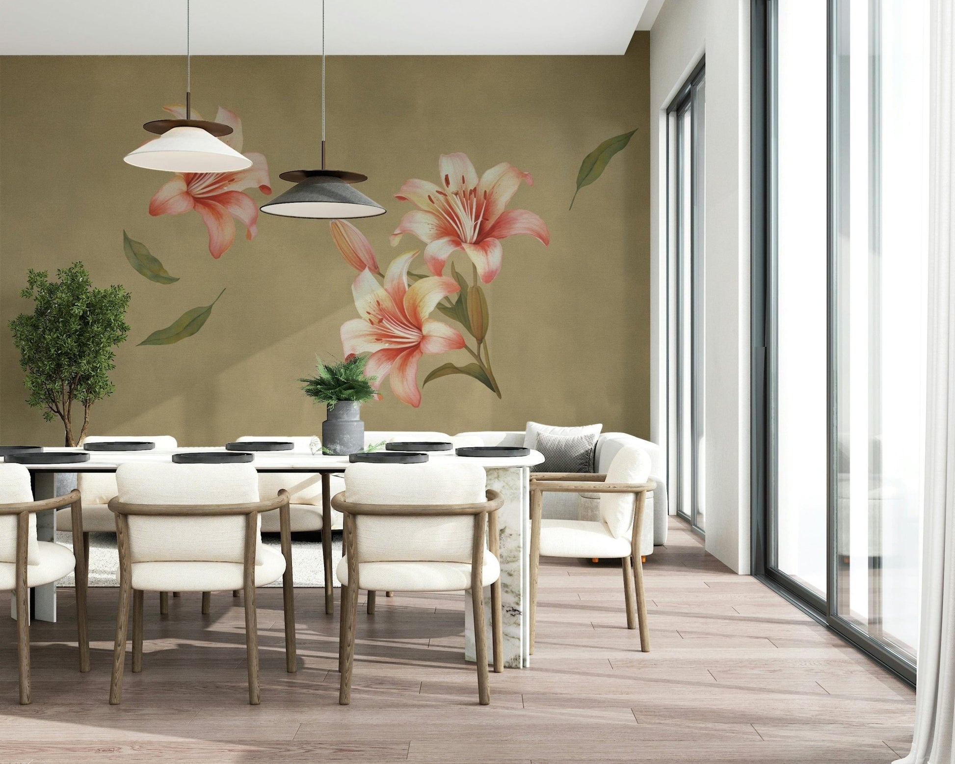 Lily mural in apartment lounge, modern feature wall look
