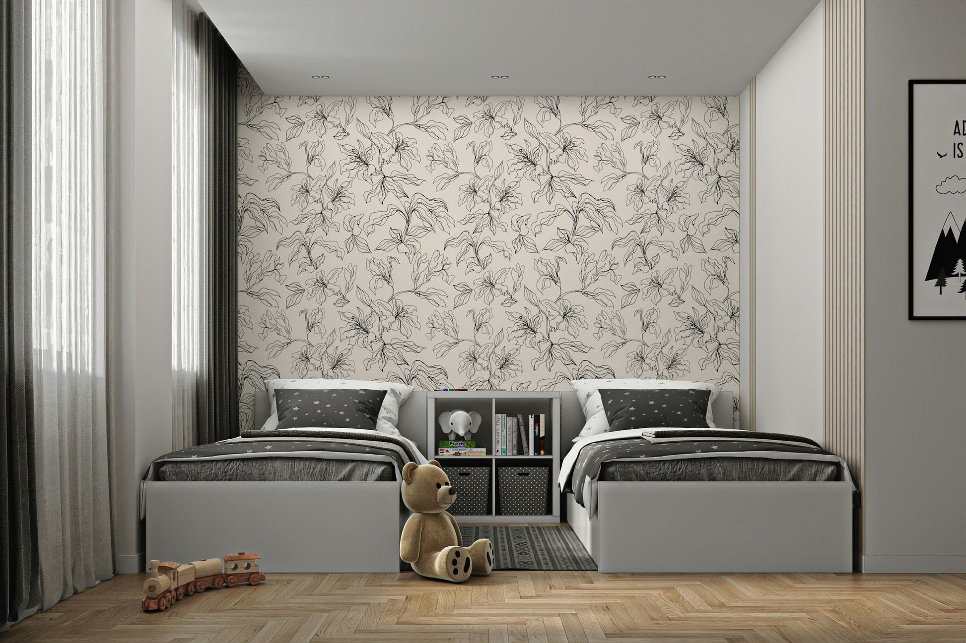This wallpaper is suitable for a living room, a bedroom, or a contemporary office.
