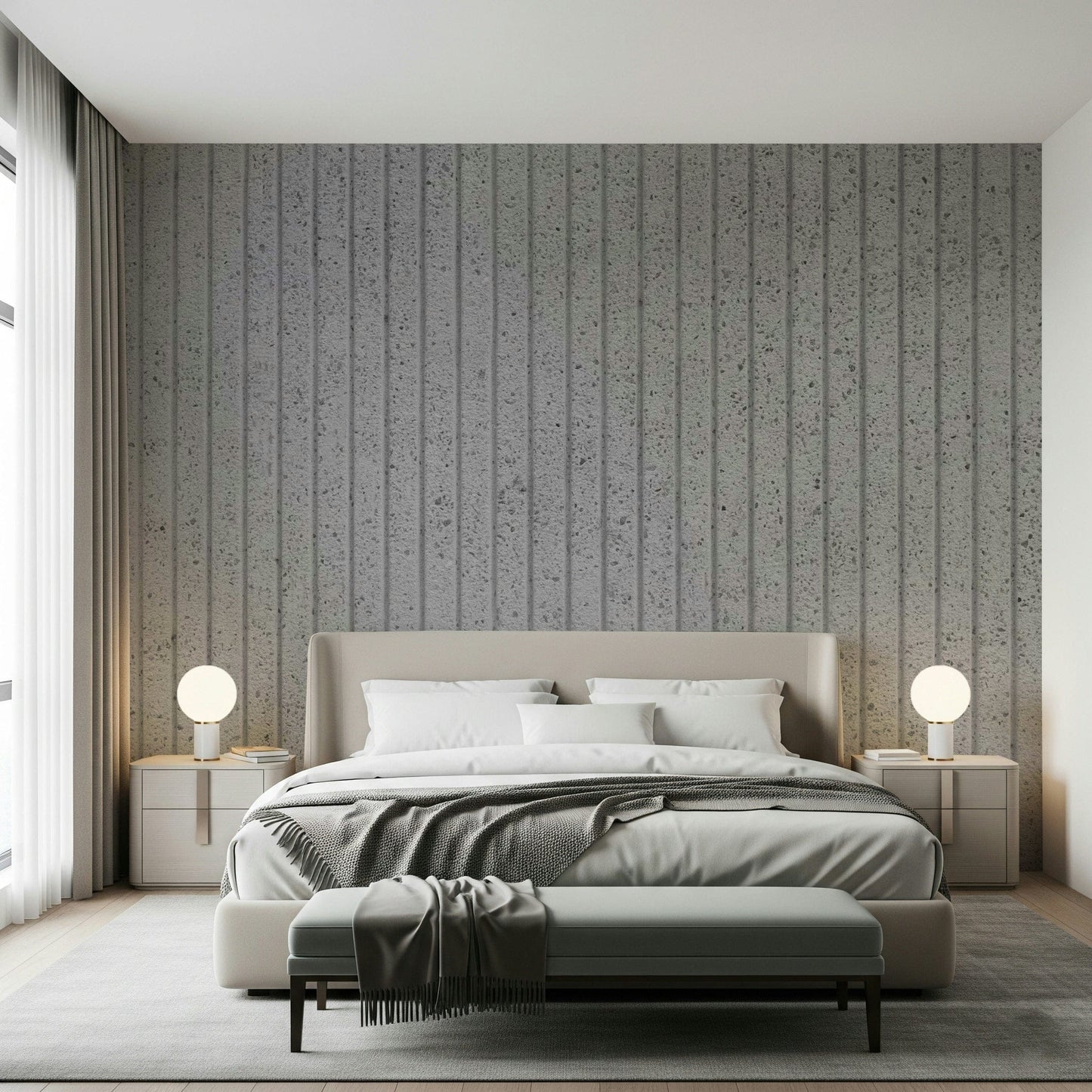 Wall mural with linear concrete illusions creating a clean, modern, and stylish feature wall.