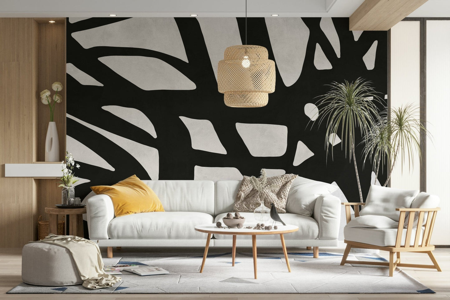 A modern wall mural with a repeating linear pattern.

