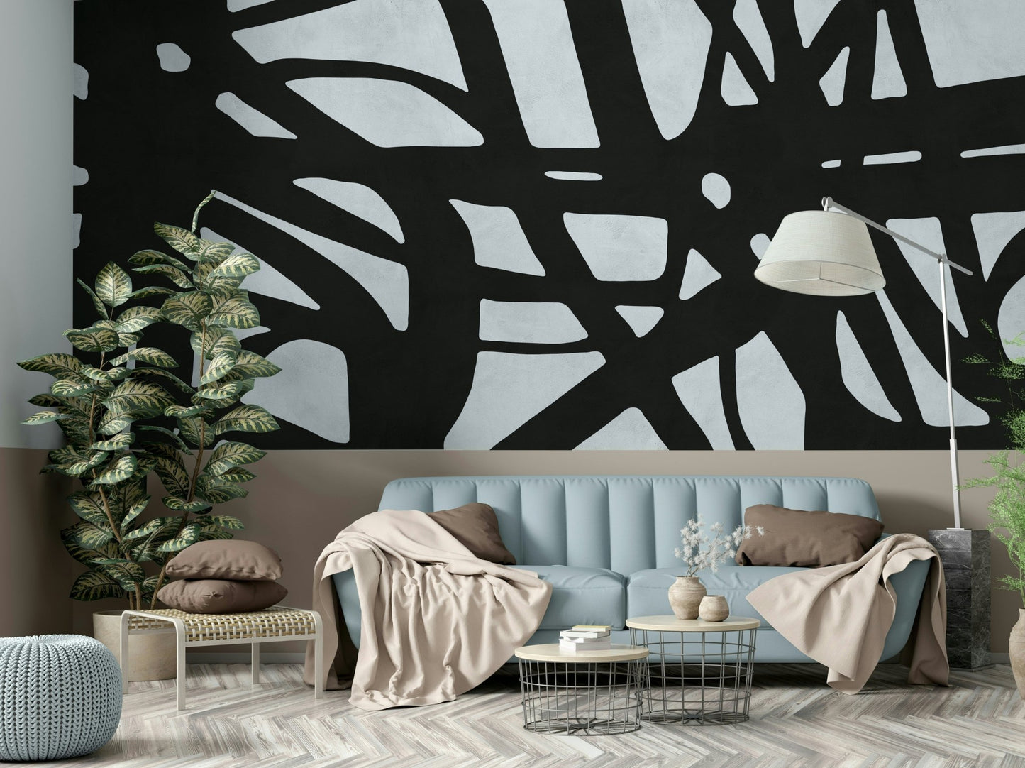 The wallpaper is applied seamlessly, giving the wall a uniform, high-end look.

