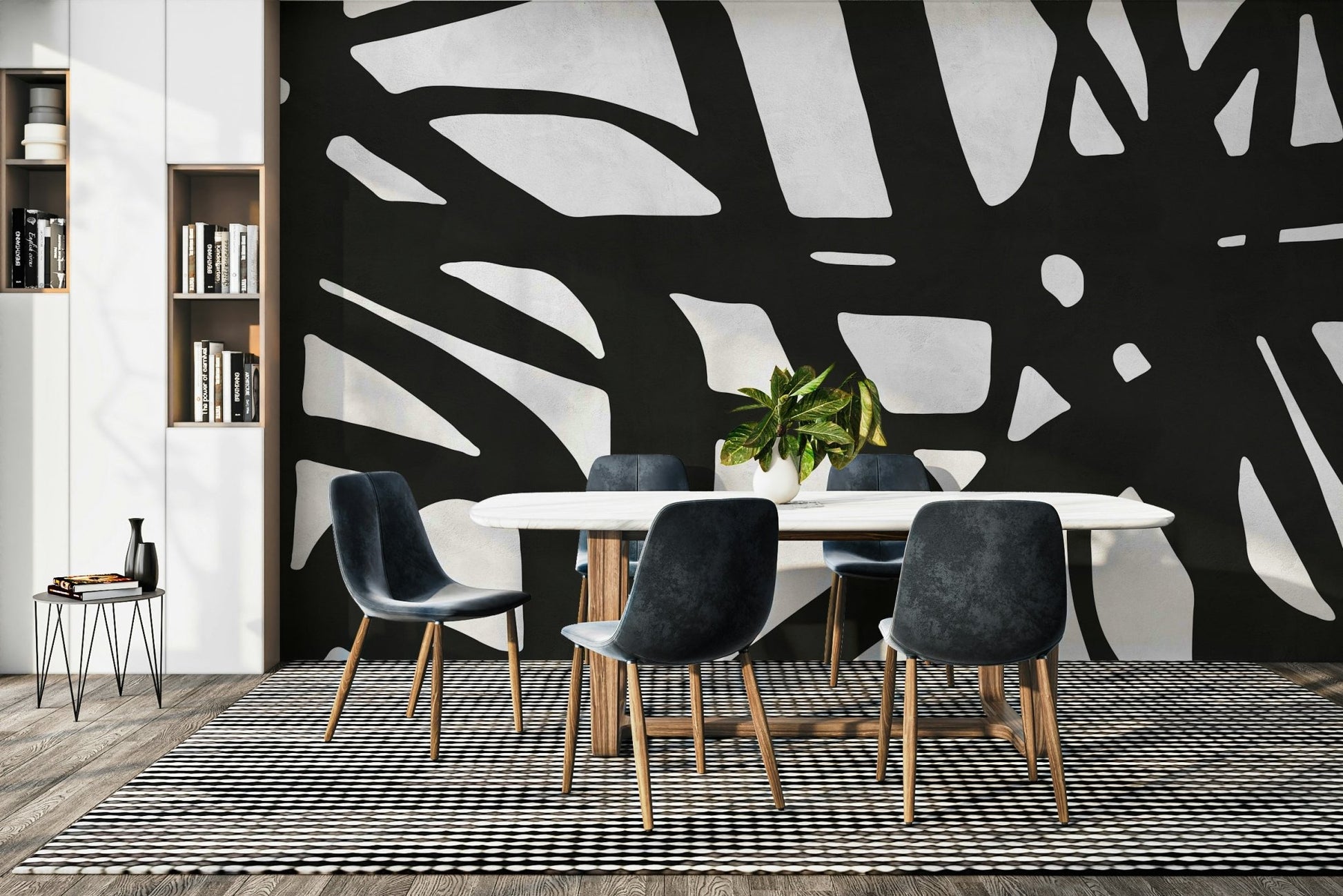 The colors are a dark, sophisticated palette of black and deep gray.

