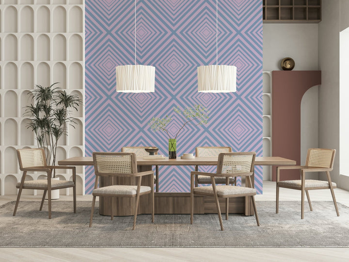 Linear Rhythm pattern mural, bold lavender and blue contrast.