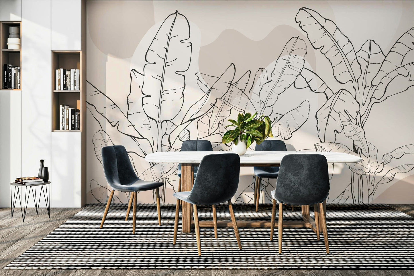 The image shows an artistic impression of a serene banana leaf scene with line drawings.

