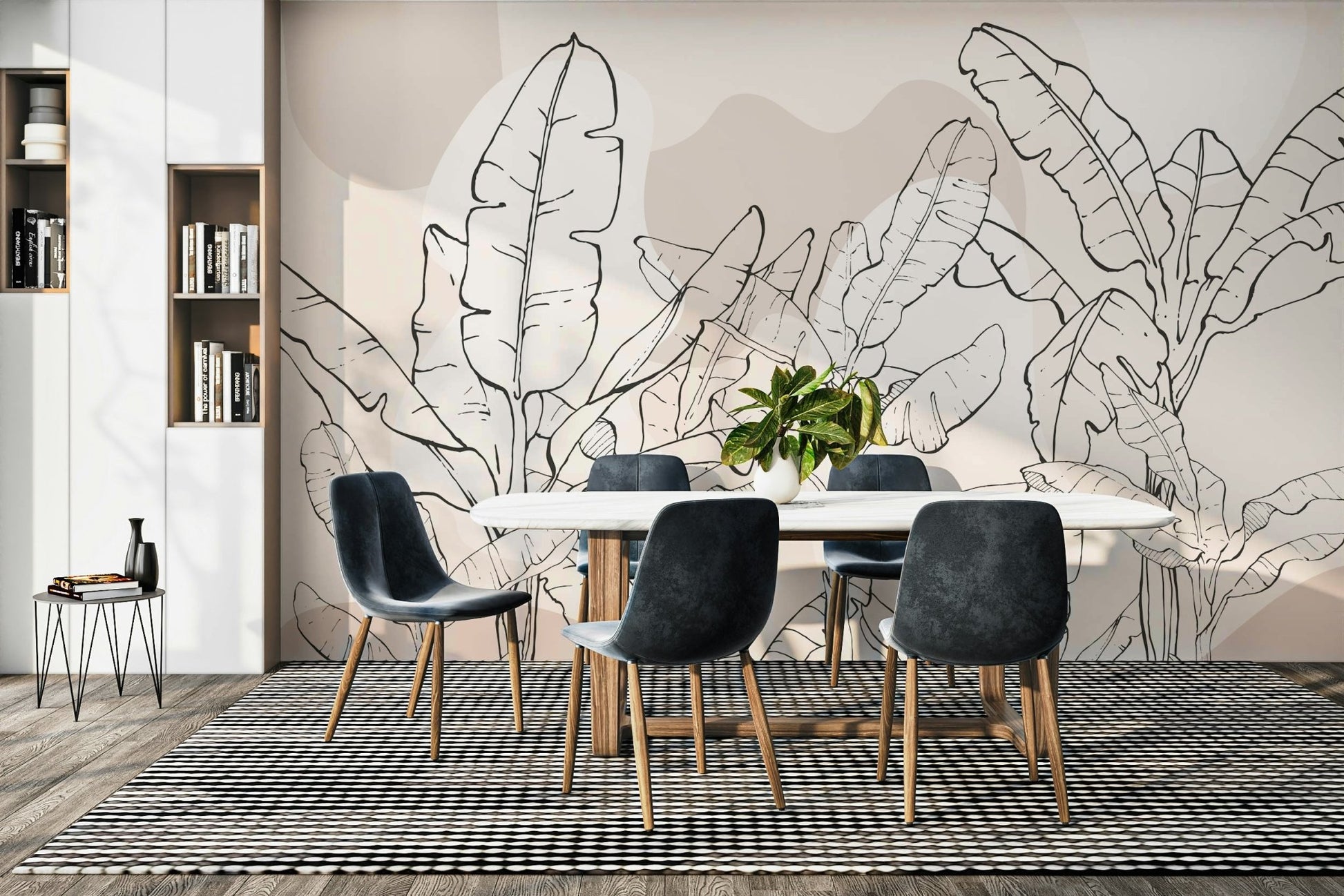 The image shows an artistic impression of a serene banana leaf scene with line drawings.

