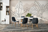 The image shows an artistic impression of a serene banana leaf scene with line drawings.

