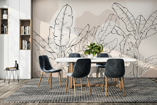 The image shows an artistic impression of a serene banana leaf scene with line drawings.

