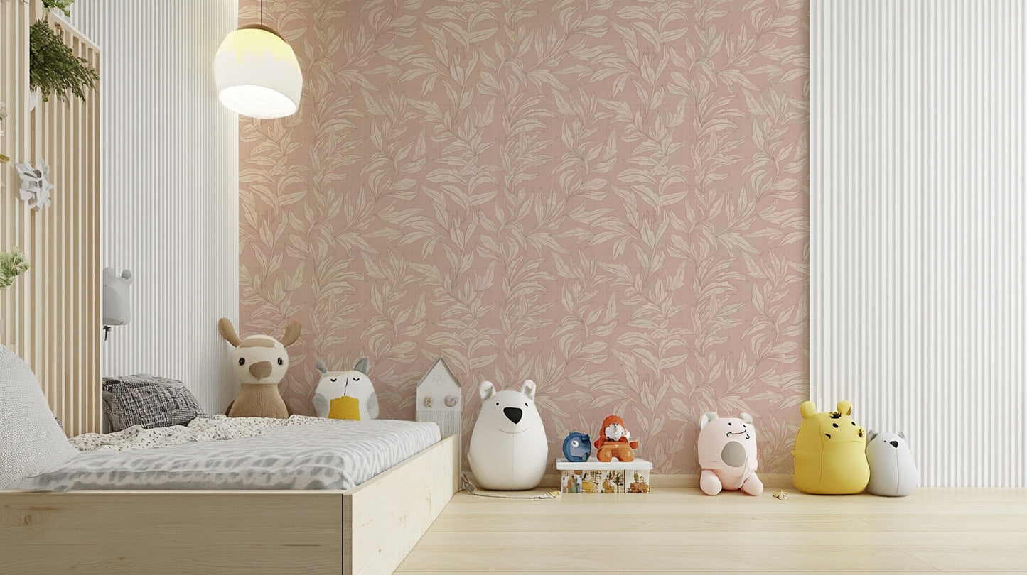 Leaf print wallpaper with woven texture feel


