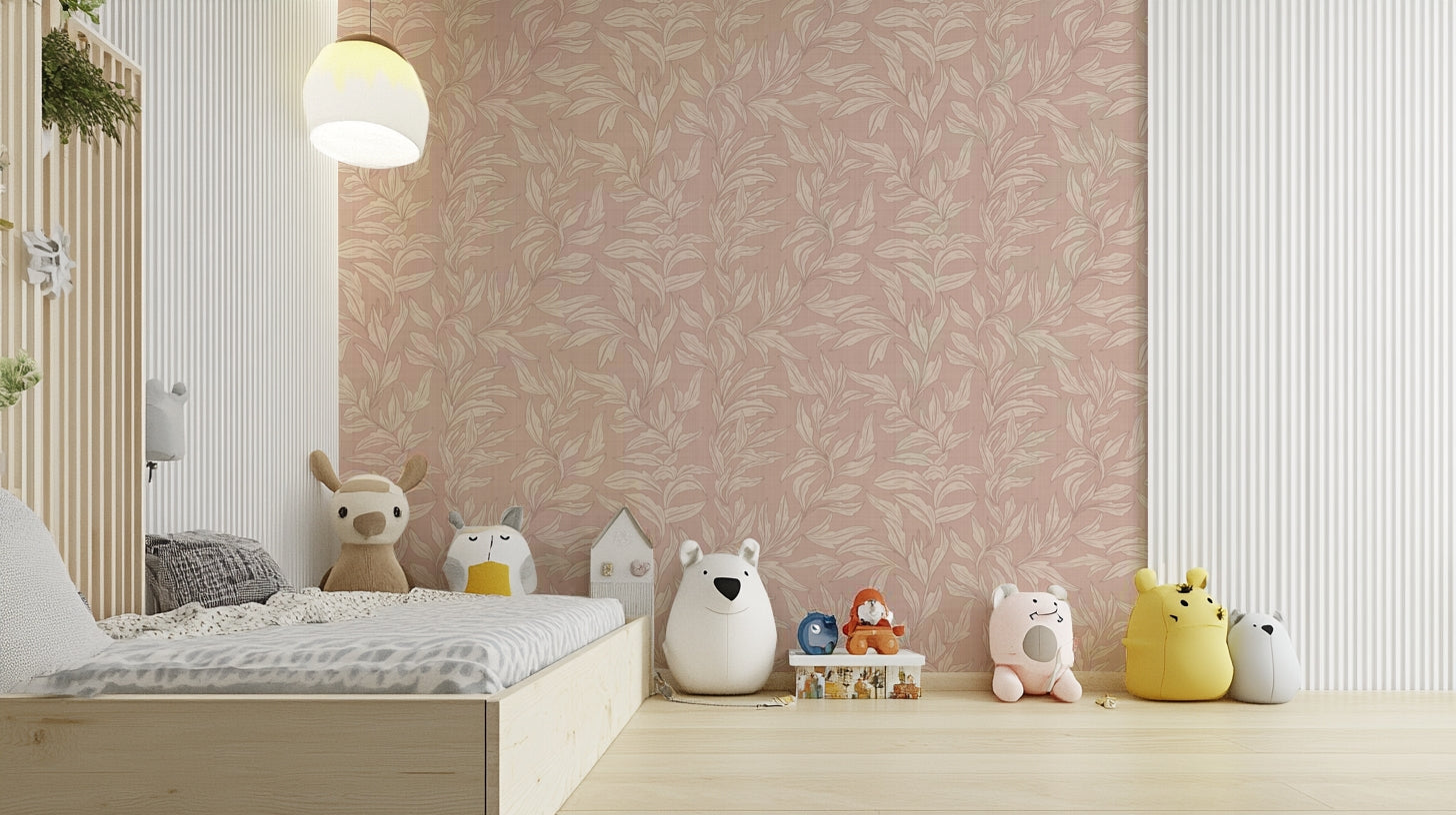 Leaf print wallpaper with woven texture feel

