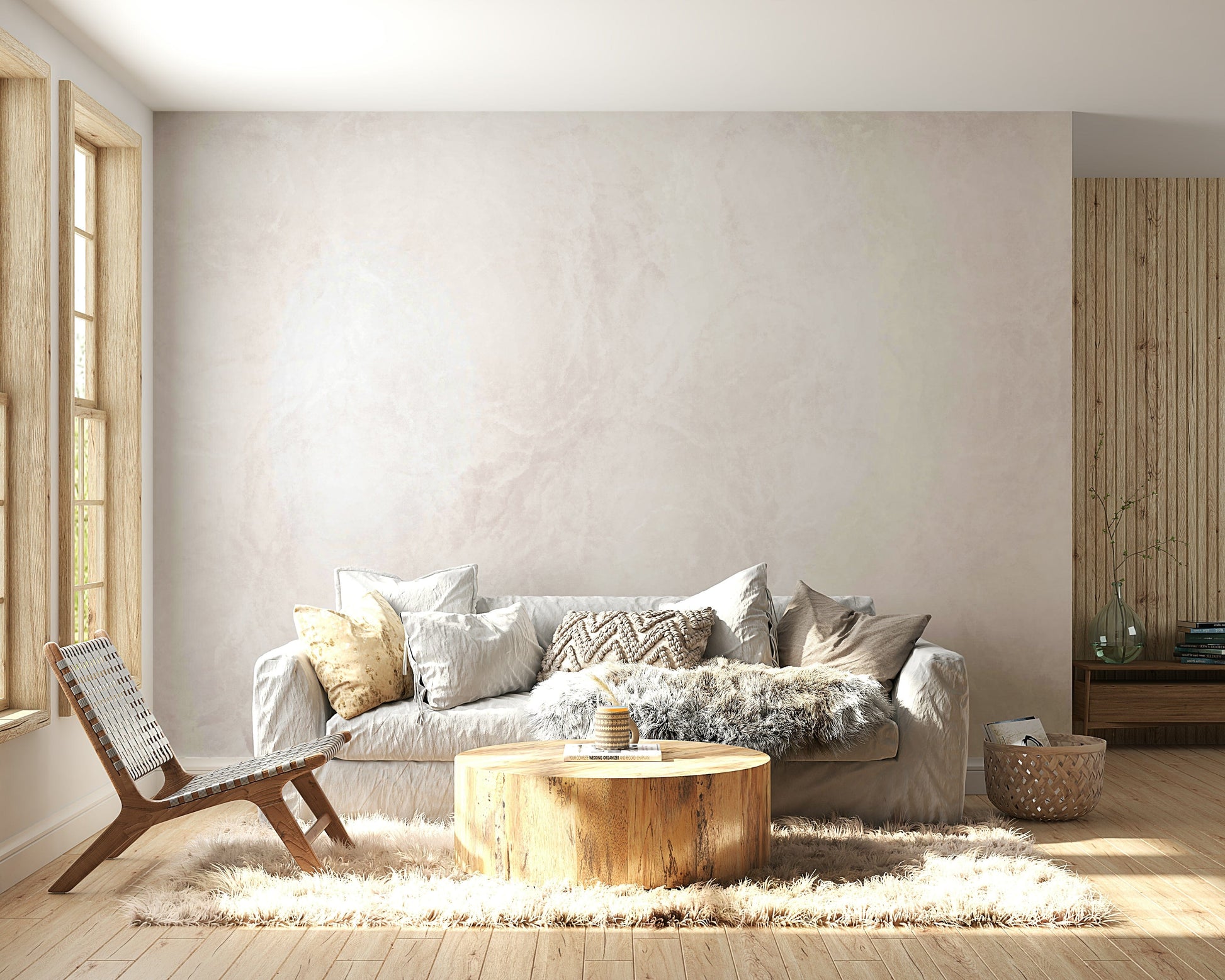 A contemplative linen weave wallpaper mural for a feature wall.

