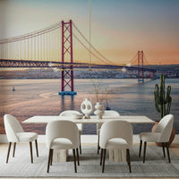 Lisbon street view wall mural in lounge, warm light colors, feature wall backdrop