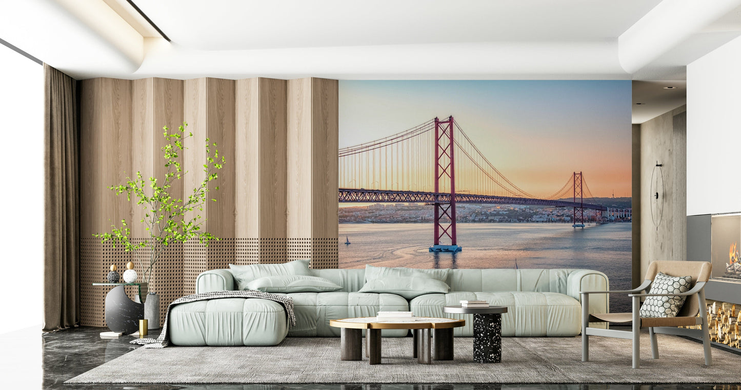 Sunlit Lisbon street mural behind sofa, pastel color tones, modern wall decor