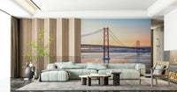 Sunlit Lisbon street mural behind sofa, pastel color tones, modern wall decor