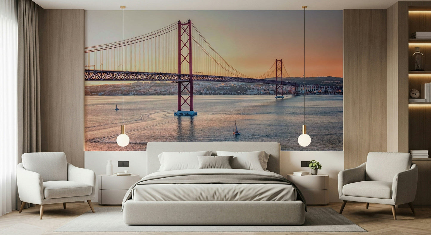 Lisbon's Light Wall Mural in bedroom, bright city scene, calm color palette