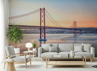 Lisbon skyline mural in apartment dining area, soft light colors, statement wall decor