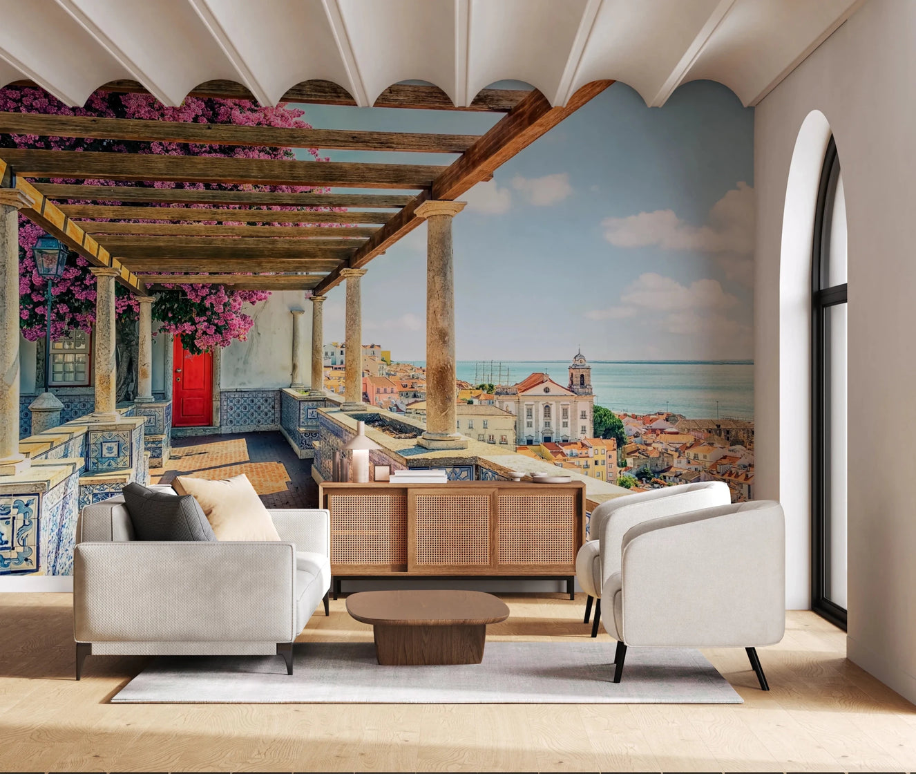 A Living room feels brighter with Lisbon bloom mural and soft sea outlook