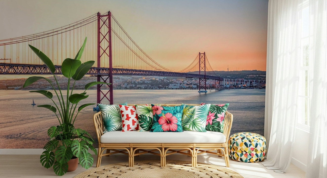 Lisbon city wall mural in modern living room, warm light colors, feature wall decor