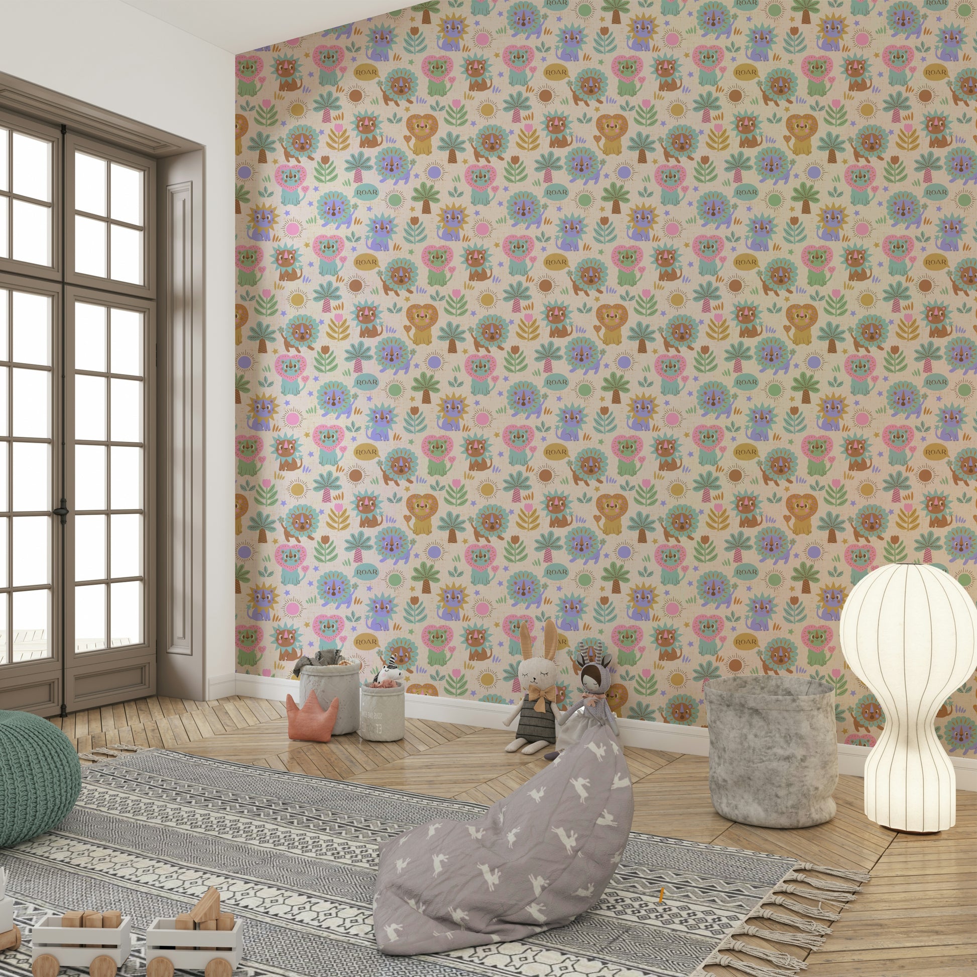 Bright and fun little lion wallpaper for vibrant rooms

