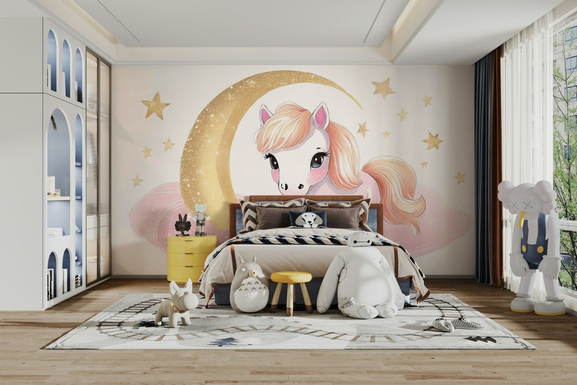 Golden crescent moon with pony and stars wallpaper

