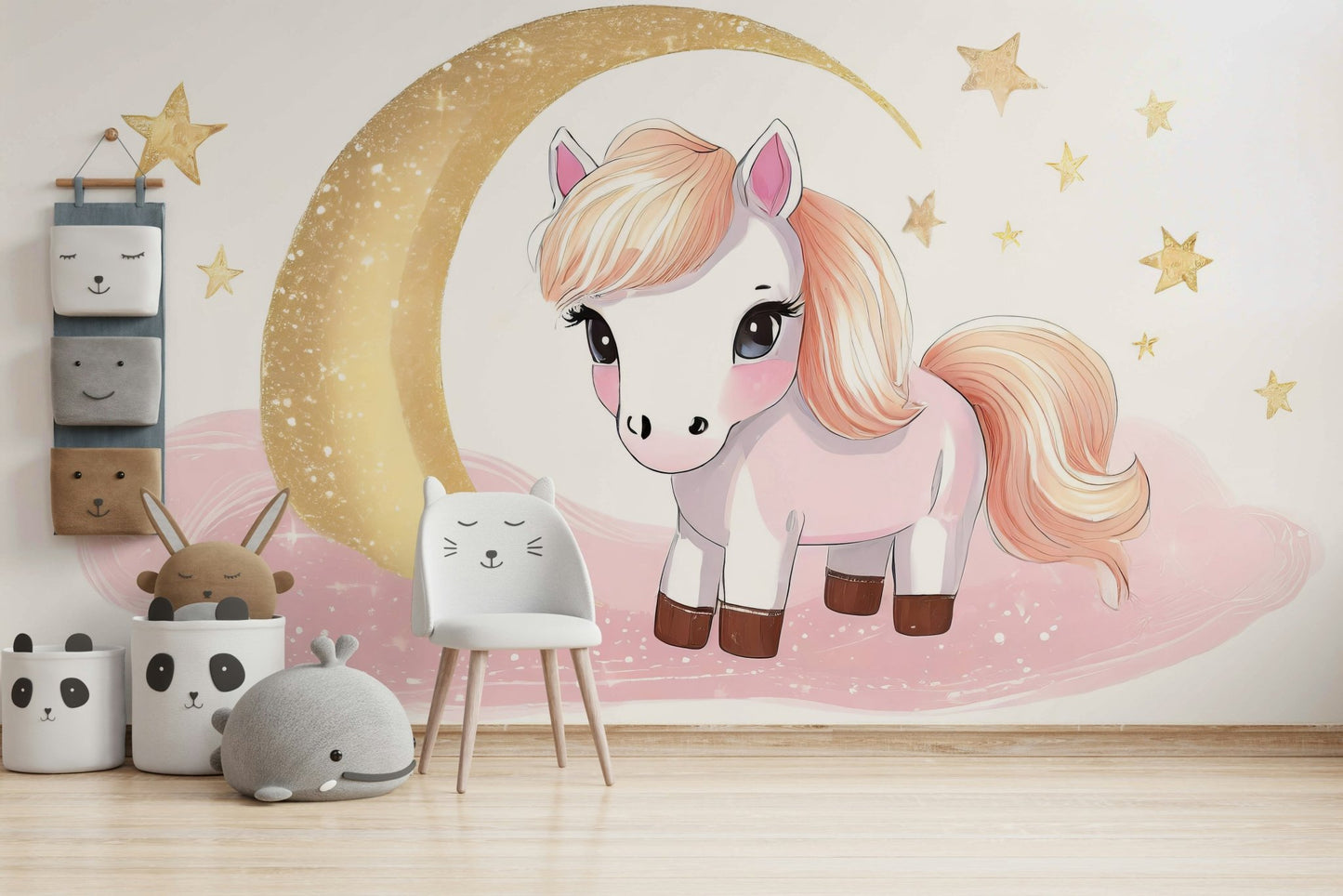 Dreamy pony wall mural in children's bedroom

