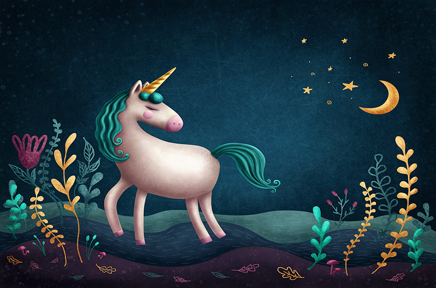 Blue & Green Night Unicorn Kids Nursery Wallpaper Mural in your room — zoomed