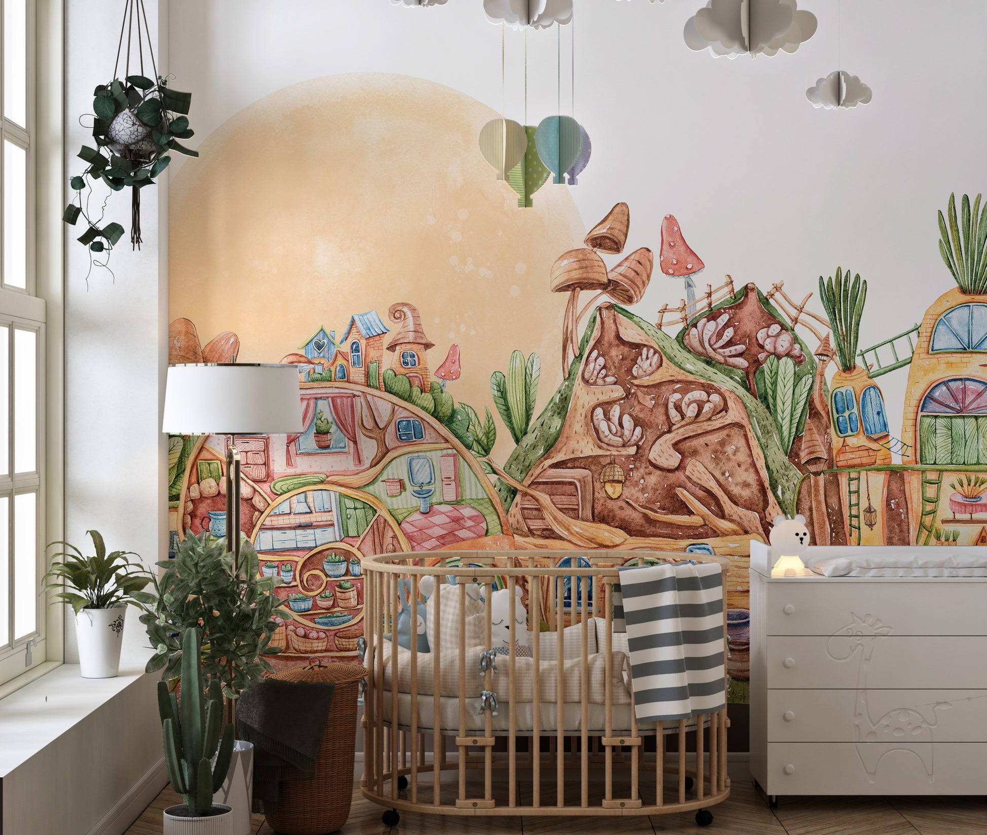 Whimsical town-themed mural for children
