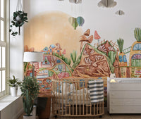 Whimsical town-themed mural for children
