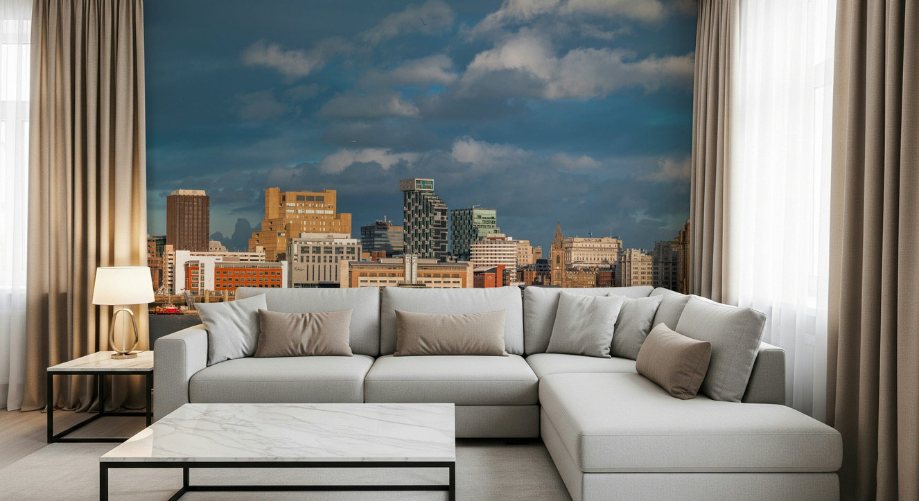 Liverpool skyline mural on white wall in modern living room, neutral color tones