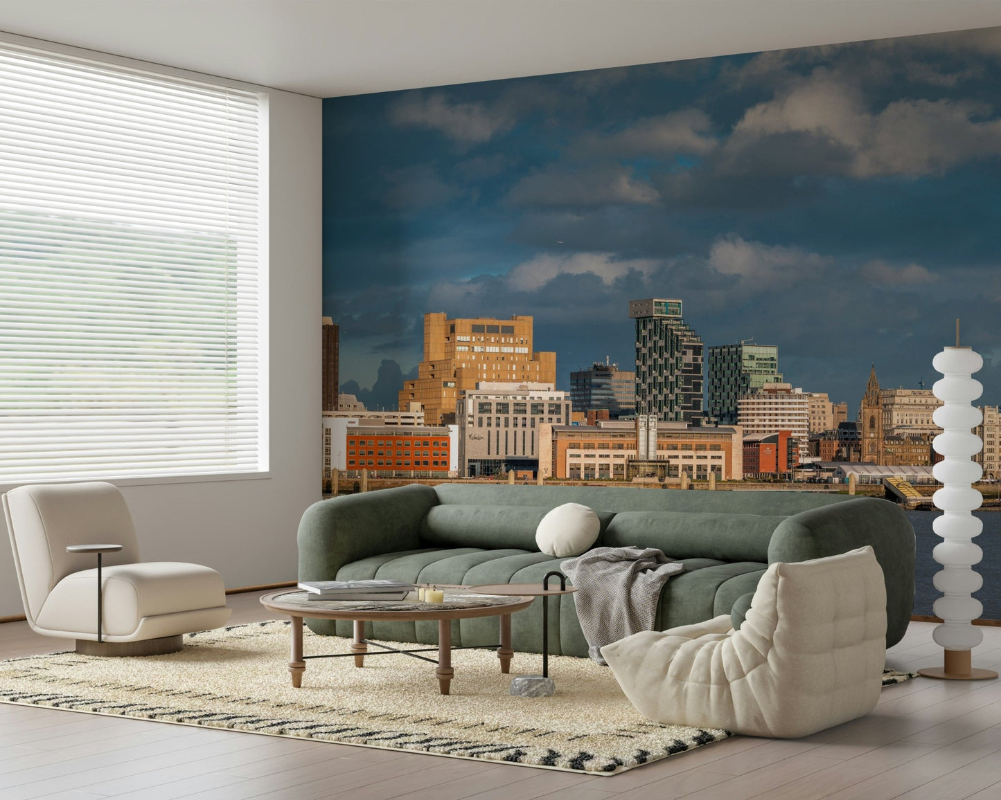 Liverpool skyline wall mural in dining area, modern decor, grey-blue color accents