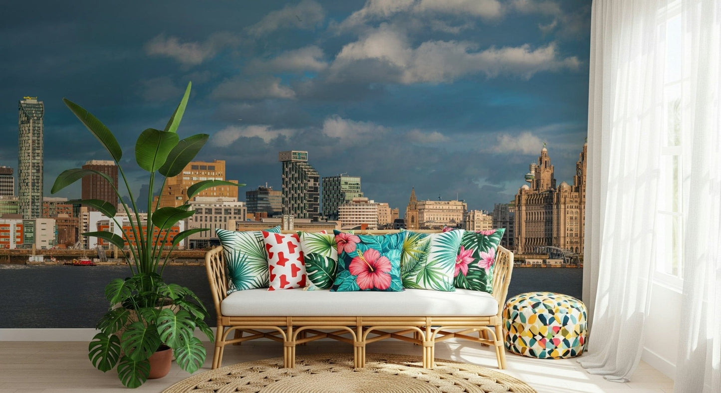 Waterfront skyline mural behind bed, apartment bedroom, soft color and light contrast