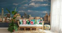 Waterfront skyline mural behind bed, apartment bedroom, soft color and light contrast