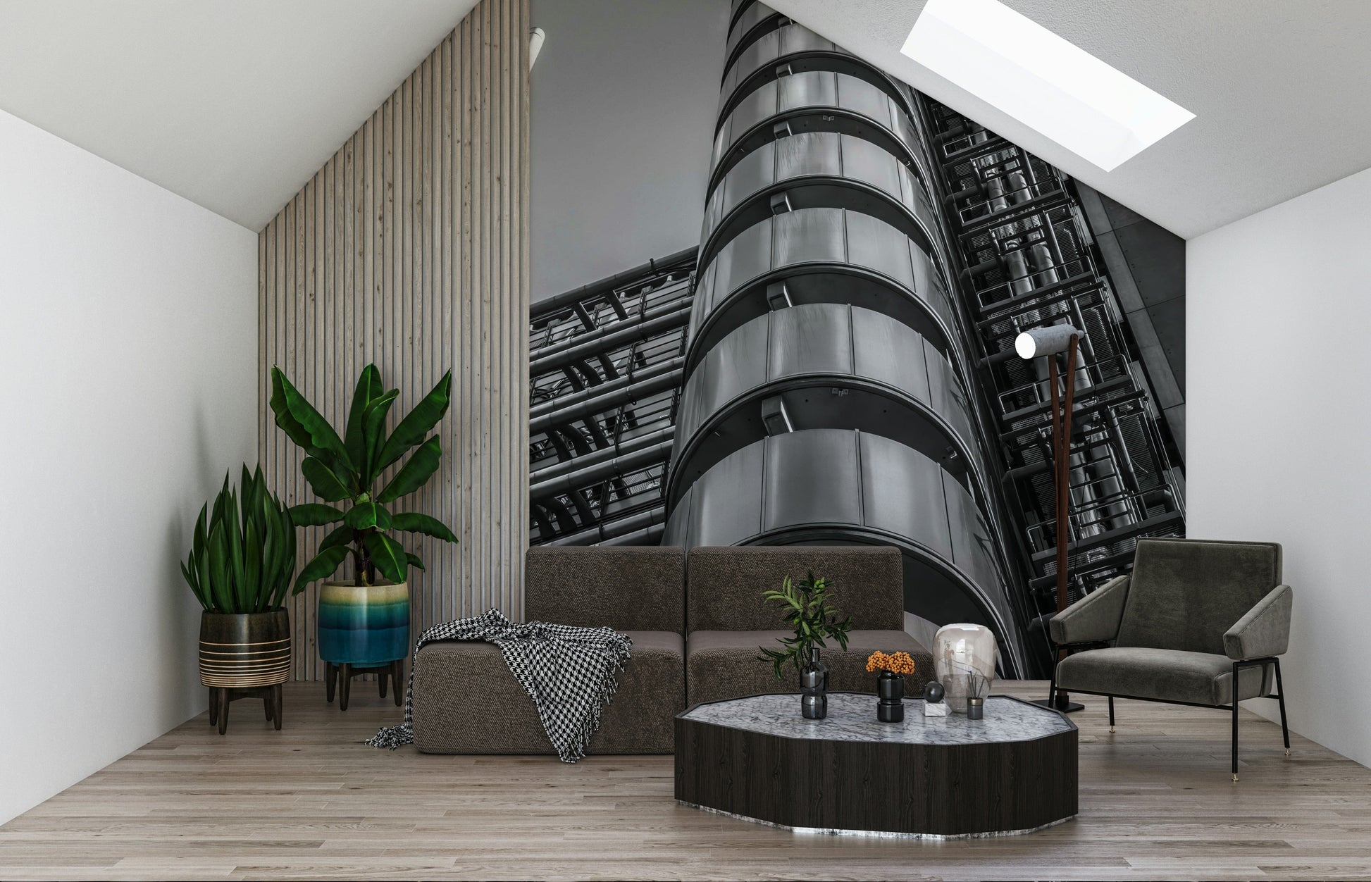  Building Futuristic design wall mural, numerous ducts and vents ascend toward bright sky background.