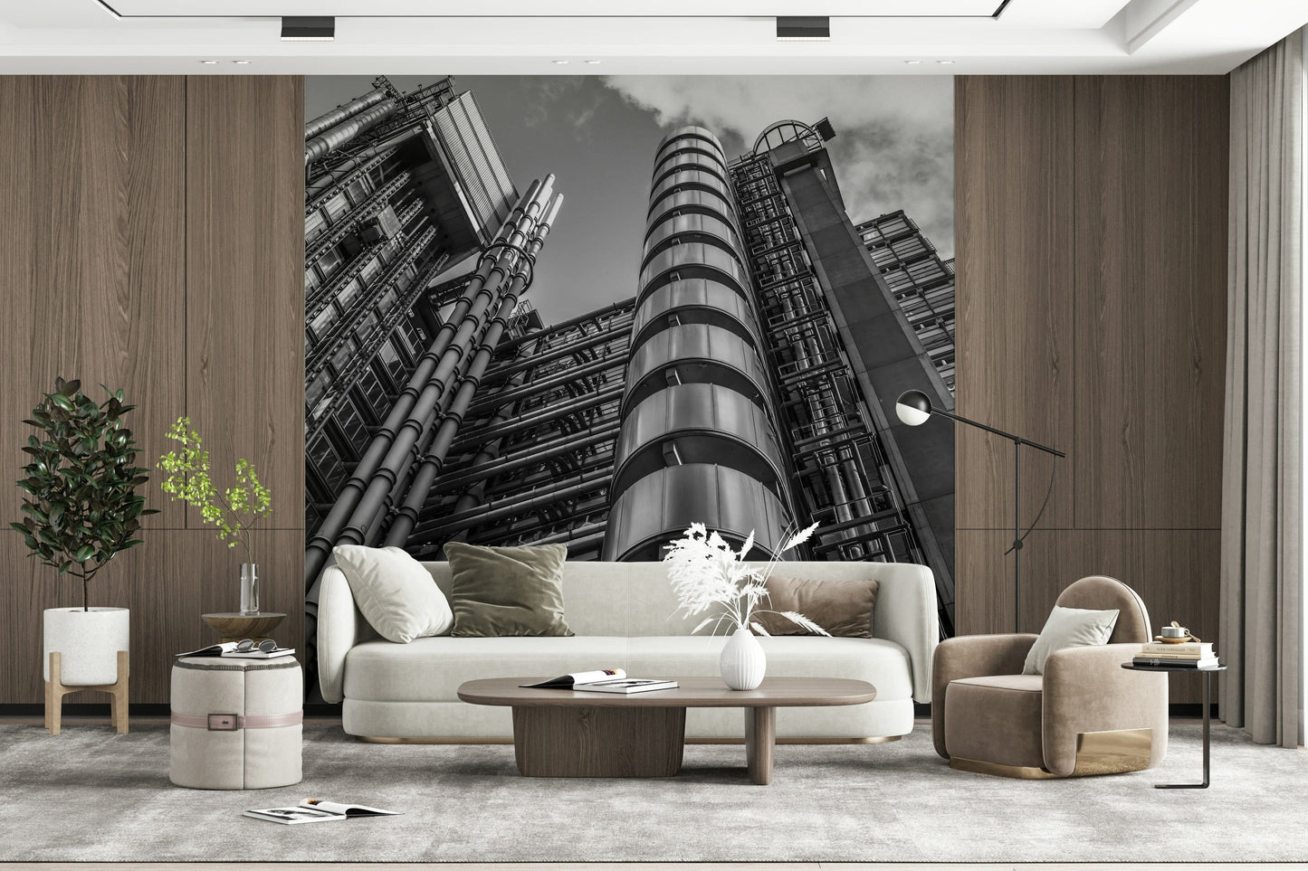 Striking architectural photography wallpaper for walls, intricate network of exterior components.