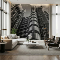 City building wall mural, mechanical aesthetic, abstract arrangement of conduits.