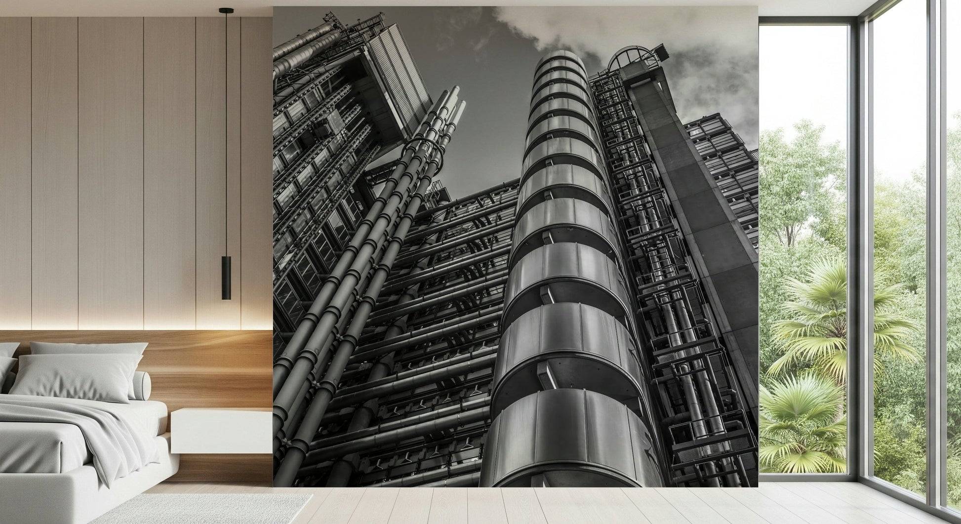 London landmark wall mural, focusing on exposed metallic pipes and structural design.