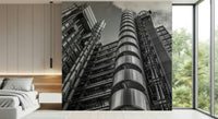London landmark wall mural, focusing on exposed metallic pipes and structural design.