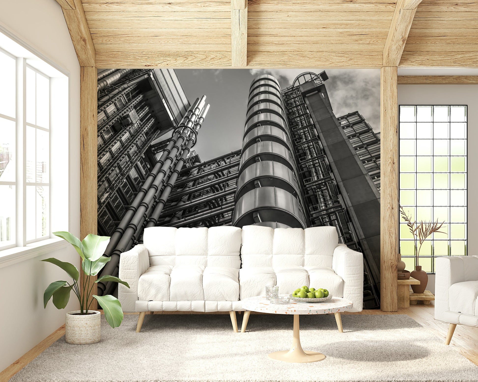 Lloyds building wallpaper: spectacular industrial architecture in detailed monochrome photograph.