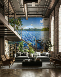 The image shows a serene lake surrounded by hills.

